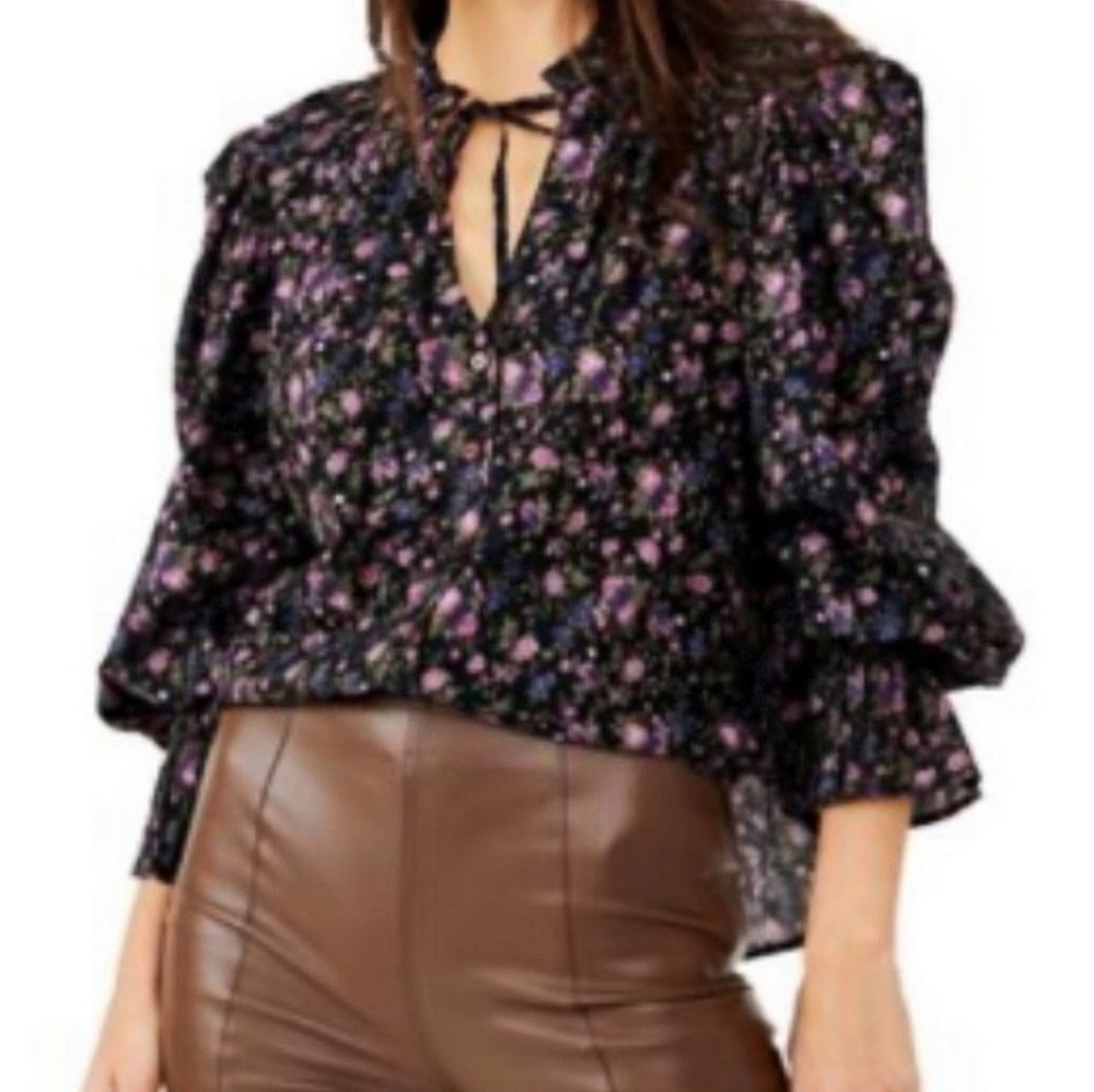 FREE PEOPLE FLORAL SHOULDER PAD RUFFLE BLOUSE SHIRT